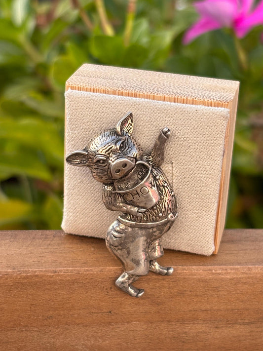 Vintage Jezlaine Sterling Silver Dancing Pig Brooch | “Chow” Bib | Collectible Figural Jewelry