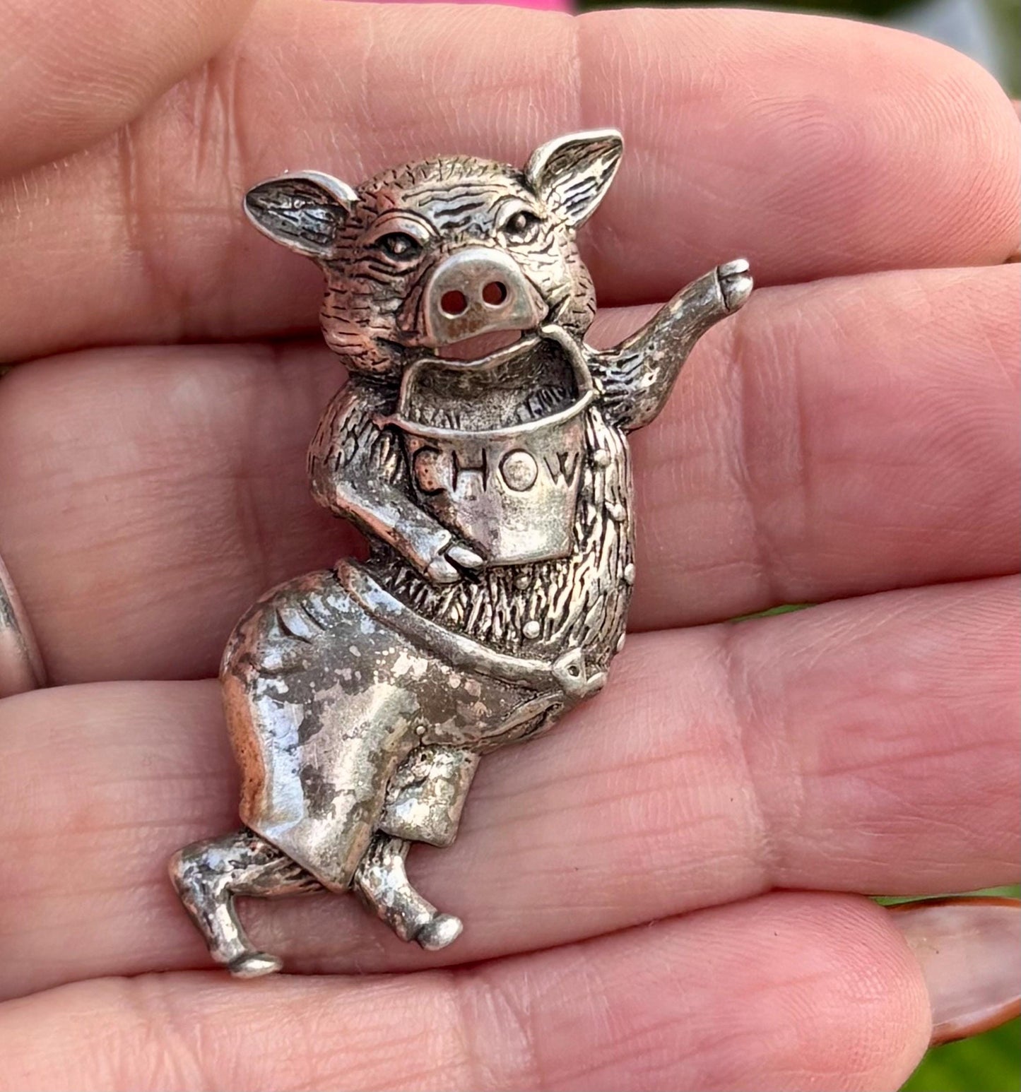 Vintage Jezlaine Sterling Silver Dancing Pig Brooch | “Chow” Bib | Collectible Figural Jewelry