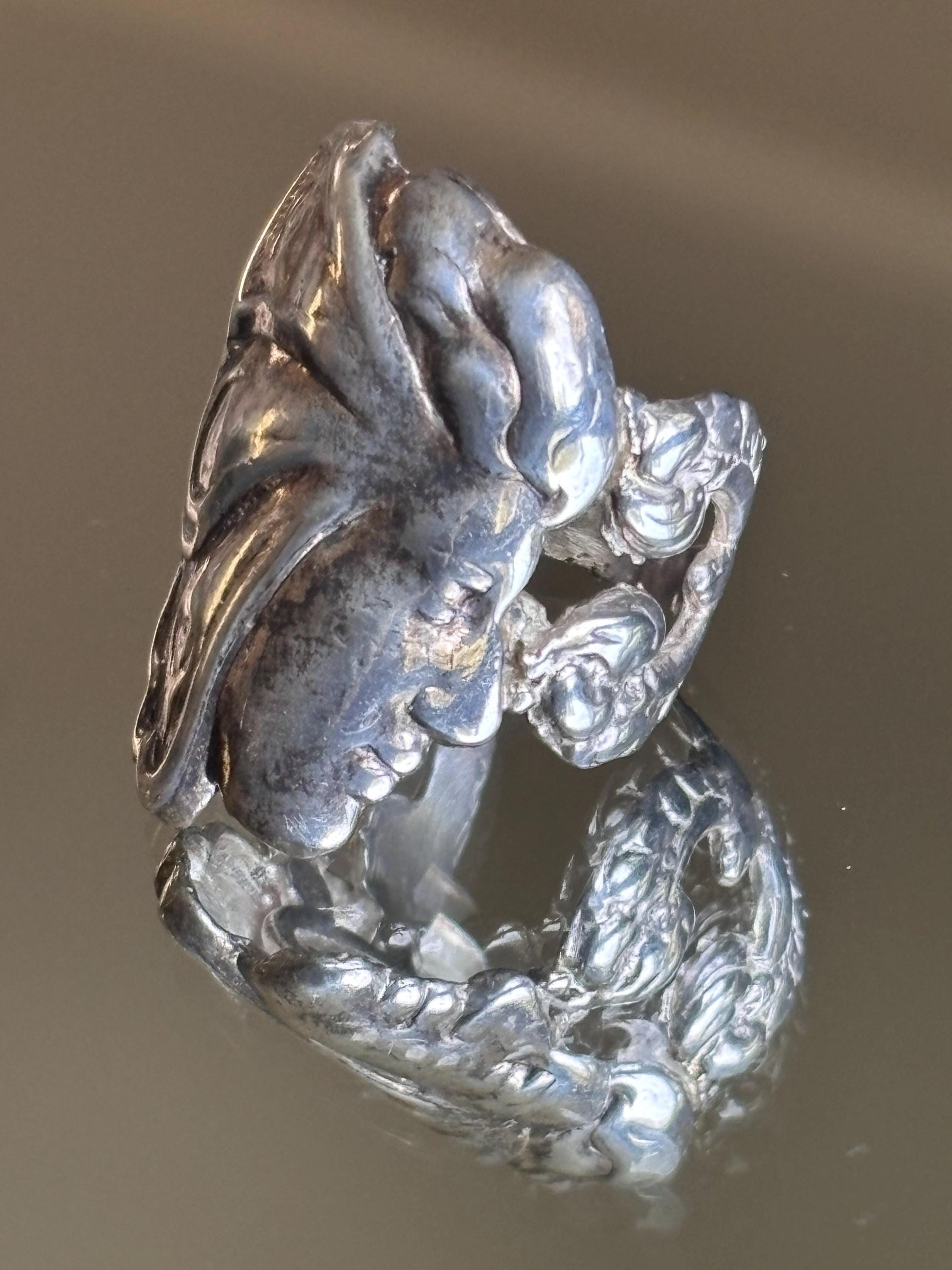 Vintage Sterling Silver Art Nouveau Face and Butterfly Ring - Size 8 1/2