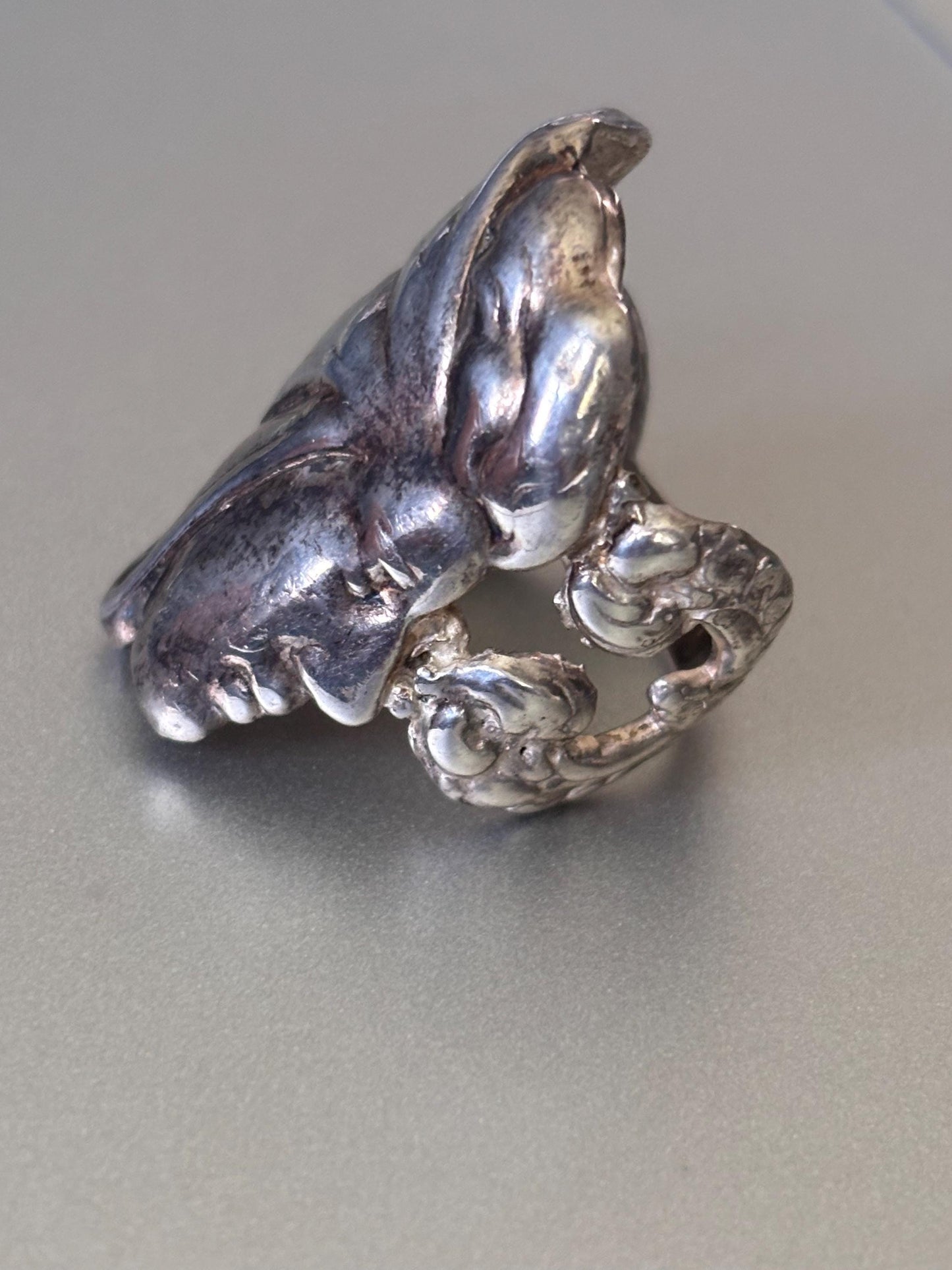 Vintage Sterling Silver Art Nouveau Face and Butterfly Ring - Size 8 1/2