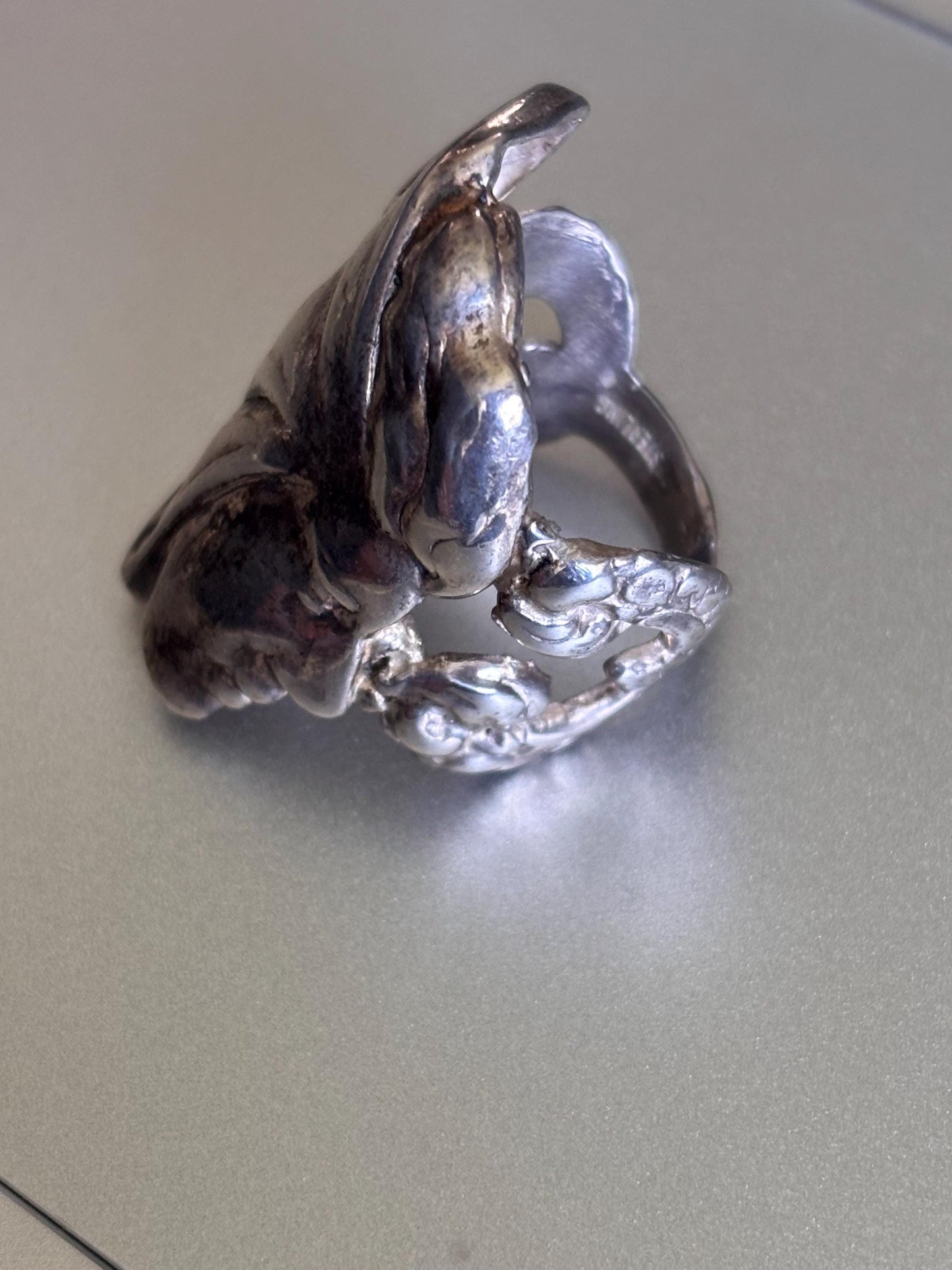 Vintage Sterling Silver Art Nouveau Face and Butterfly Ring - Size 8 1/2