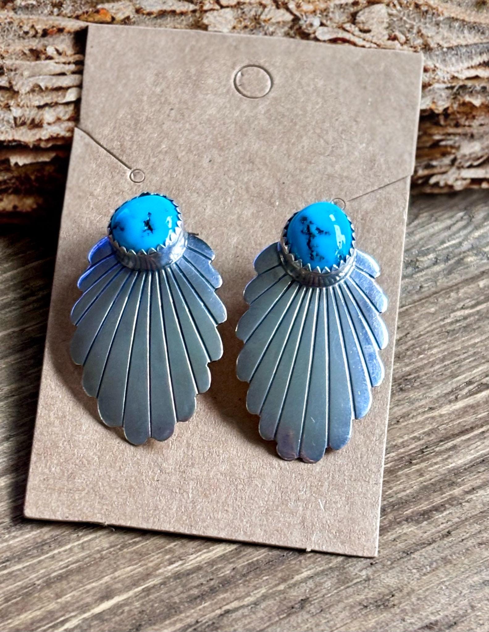 Vintage Sterling Silver Turquoise Earrings | Southwest Navajo Style Fan Studs
