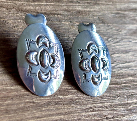 Vintage Sterling Silver Oval Concho Earrings with Heart Backs