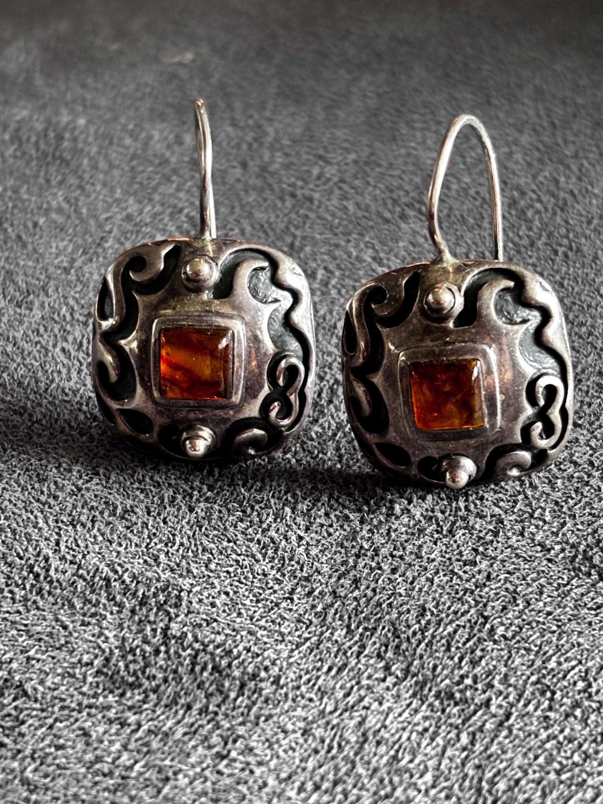 Silpada Sterling Silver Amber Earrings | Ornate Scroll Dangle | Retired Silpada Jewelry