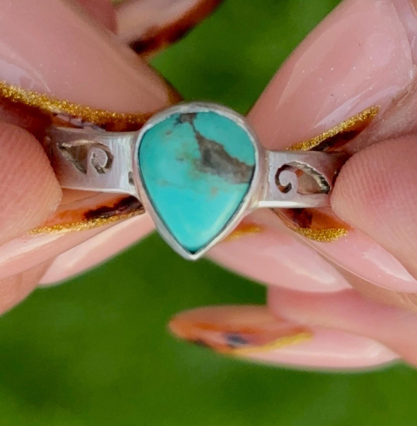 Sterling Silver Turquoise Teardrop Ring - Size 8.25 - Southwestern Boho Jewelry