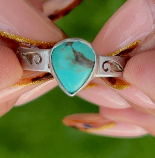 Sterling Silver Turquoise Teardrop Ring - Size 8.25 - Southwestern Boho Jewelry