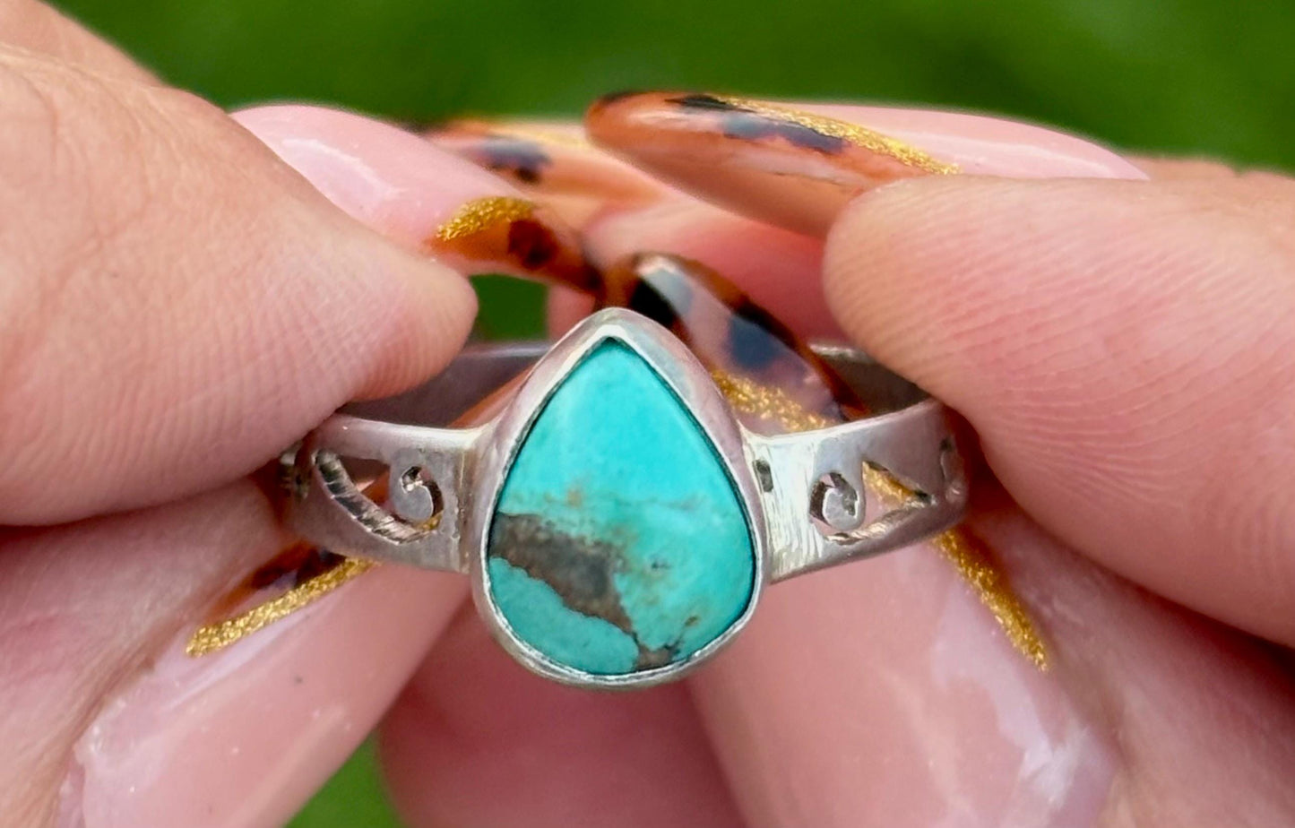 Sterling Silver Turquoise Teardrop Ring - Size 8.25 - Southwestern Boho Jewelry