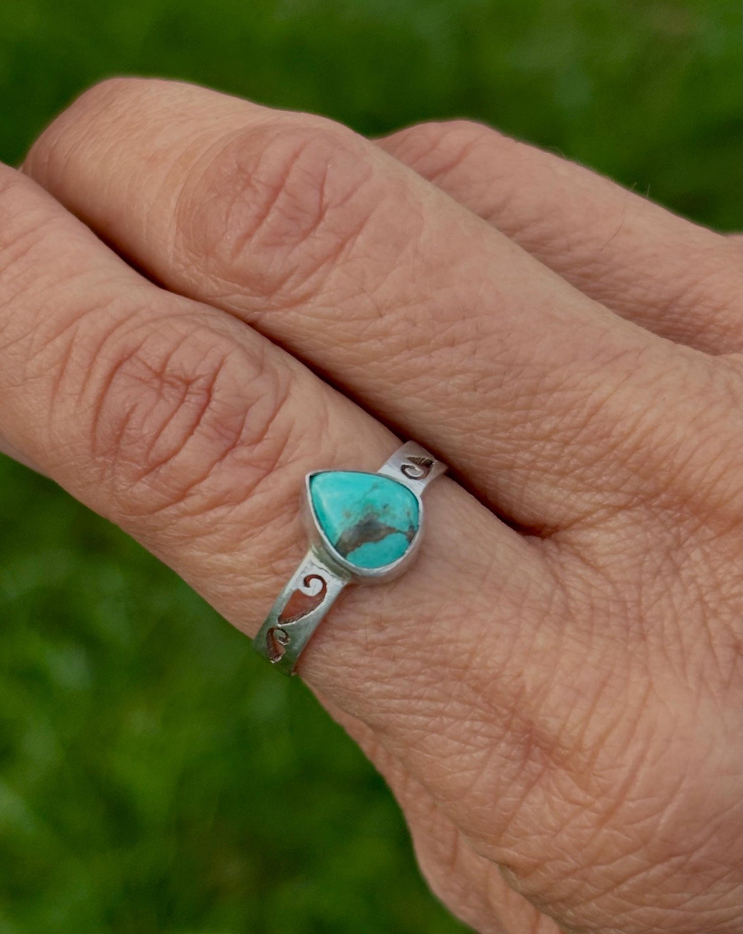 Sterling Silver Turquoise Teardrop Ring - Size 8.25 - Southwestern Boho Jewelry