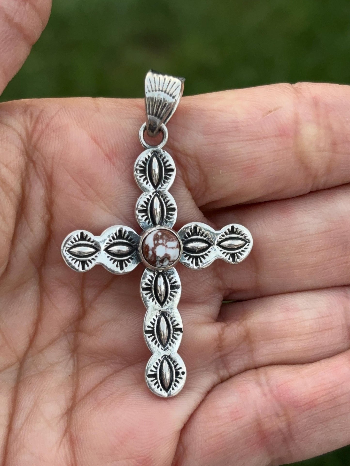 Sterling Silver Cross Pendant with Reddish-Brown Stone & White Matrix