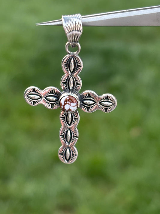 Sterling Silver Cross Pendant with Reddish-Brown Stone & White Matrix