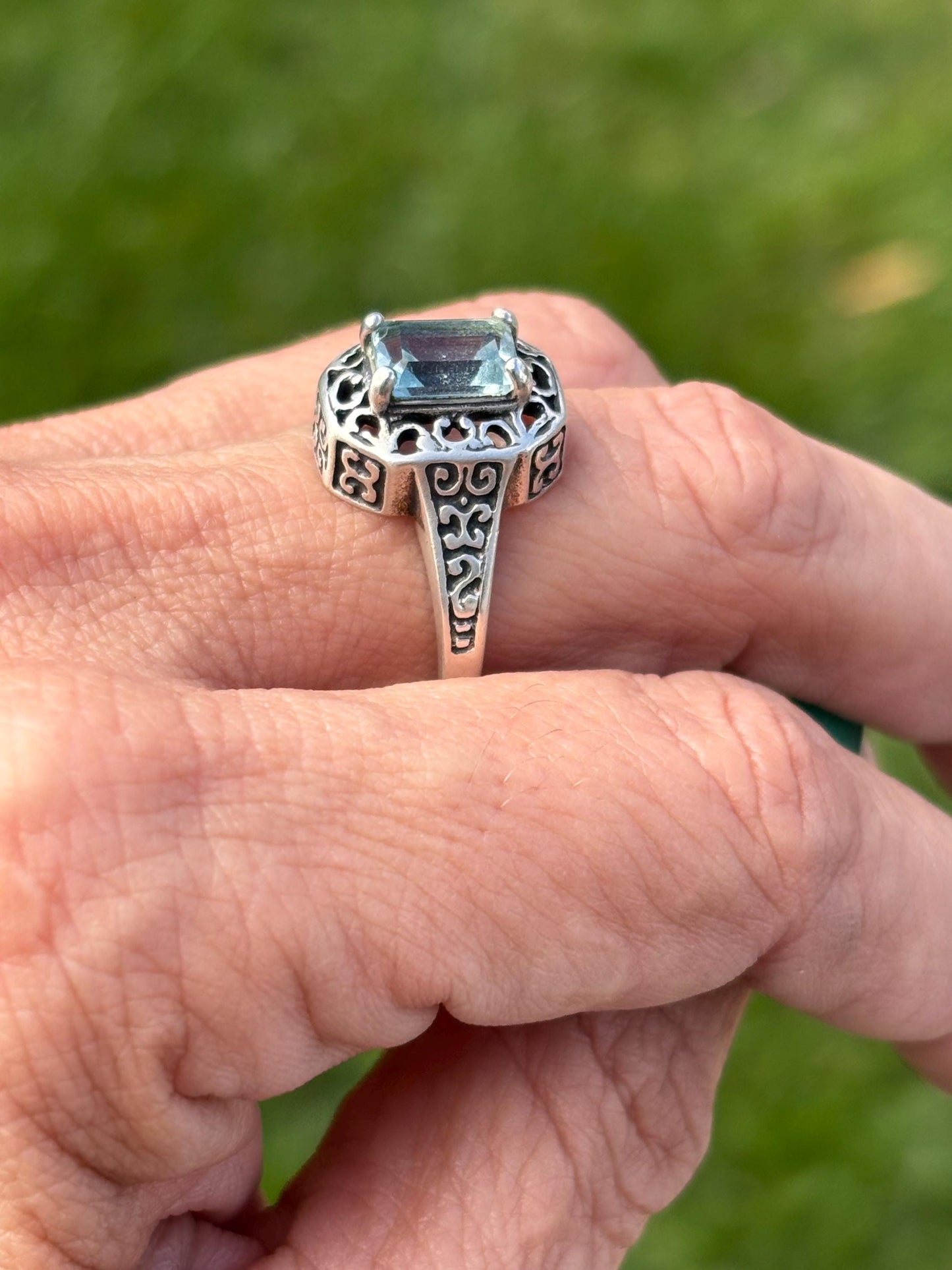 Vintage Art Deco Style Sterling Silver Ring with Emerald-Cut Blue Topaz – Size 8
