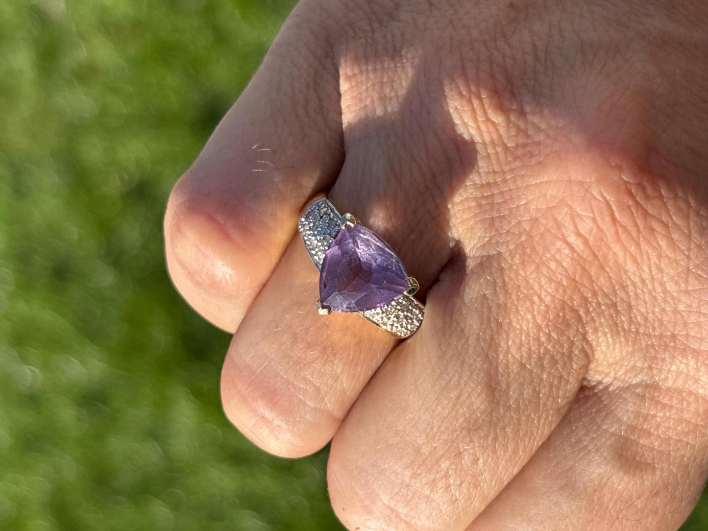 10K Gold Amethyst and Diamond Ring - Size 8 - Trillion Cut