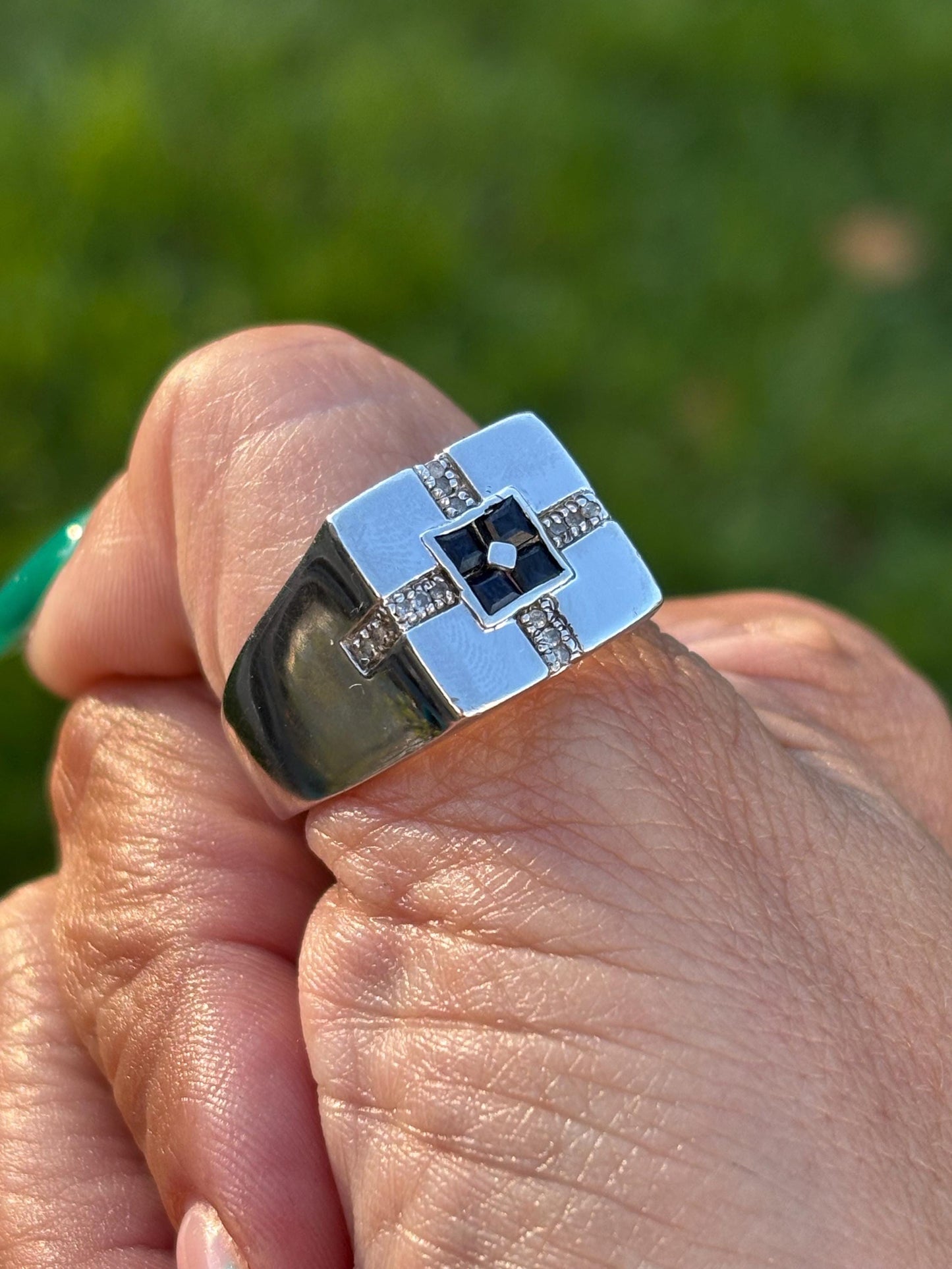 Sapphire and Diamond Ring: Sterling Silver Geometric Square, Size 13.5