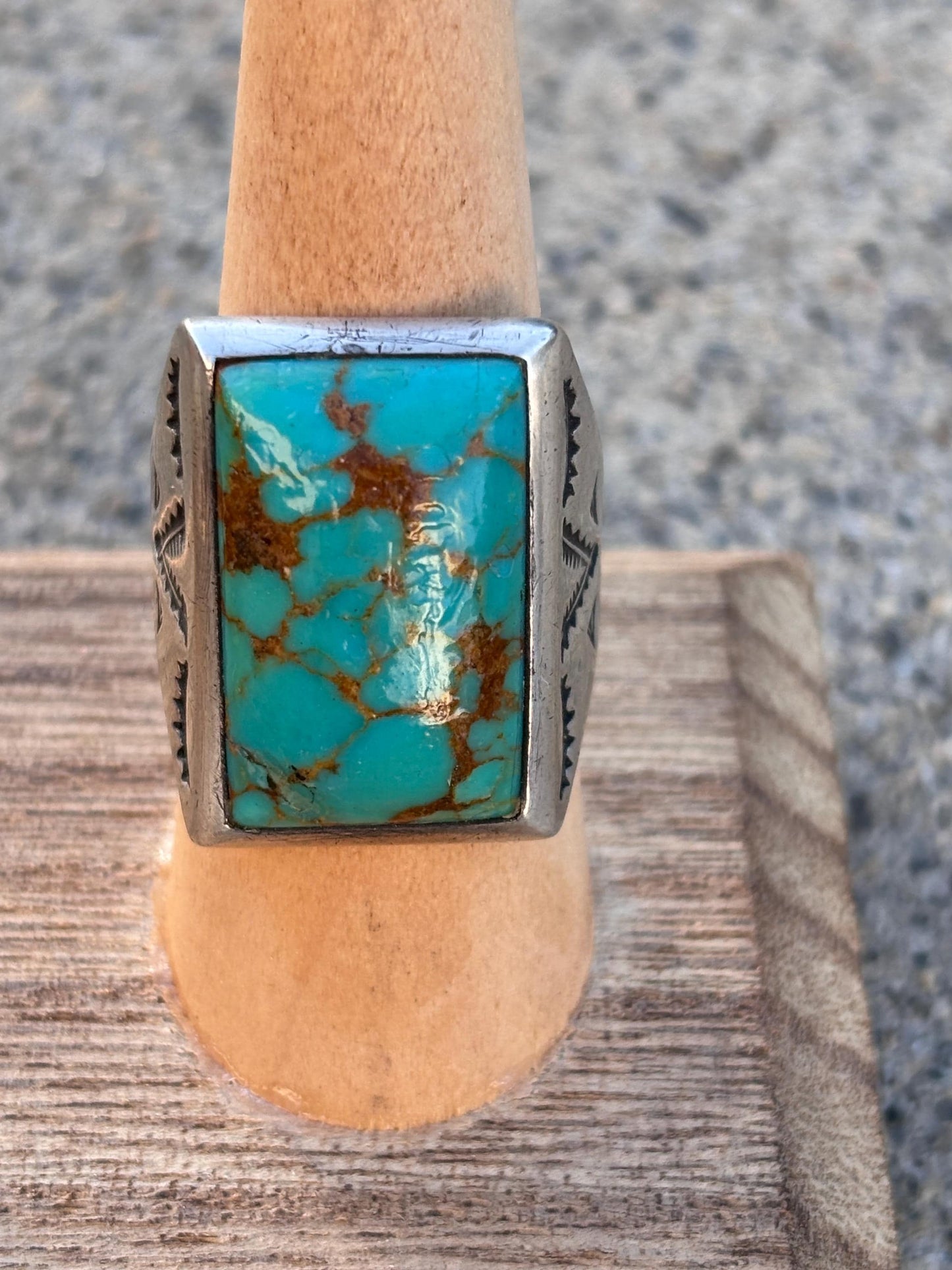 Vintage Turquoise & Sterling Silver Ring. Size 10. Hand Stamped Design