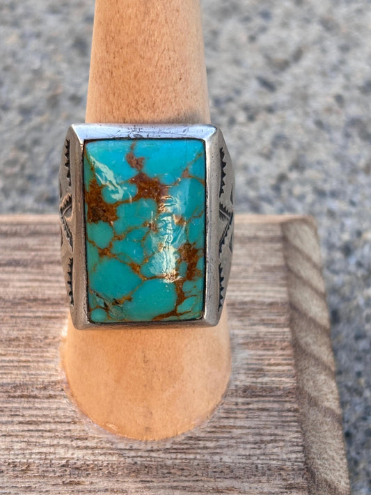 Vintage Turquoise & Sterling Silver Ring. Size 10. Hand Stamped Design