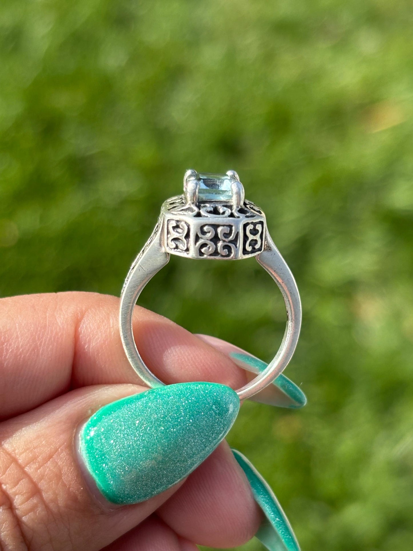 Vintage Art Deco Style Sterling Silver Ring with Emerald-Cut Blue Topaz – Size 8