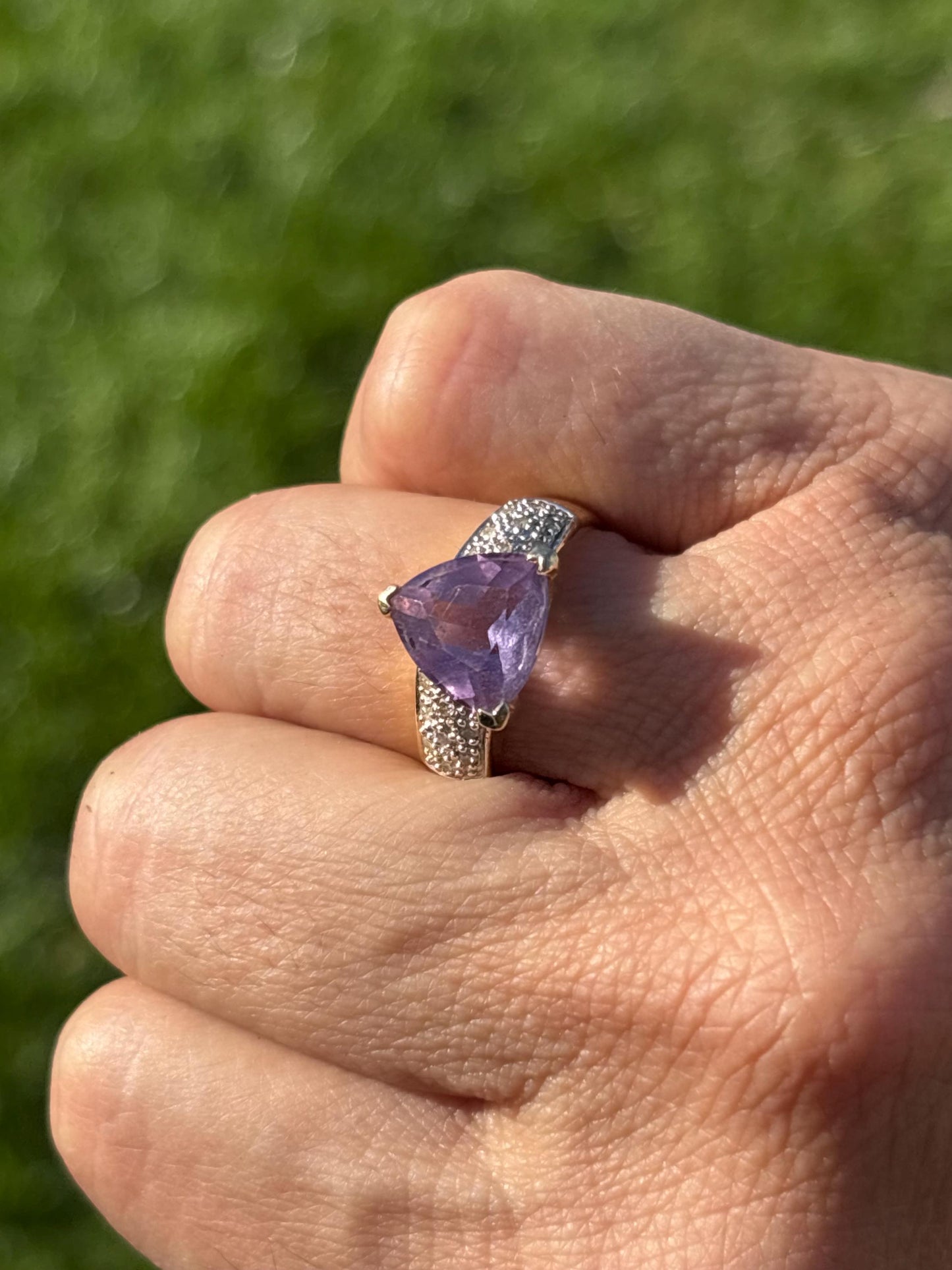 10K Gold Amethyst and Diamond Ring – Size 8 – Trillion Cut