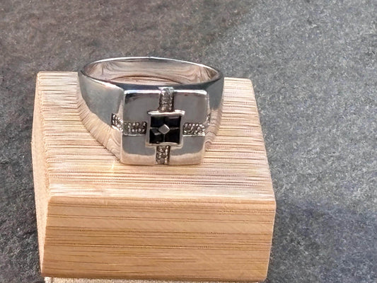 Sapphire and Diamond Ring: Sterling Silver Geometric Square, Size 13.5