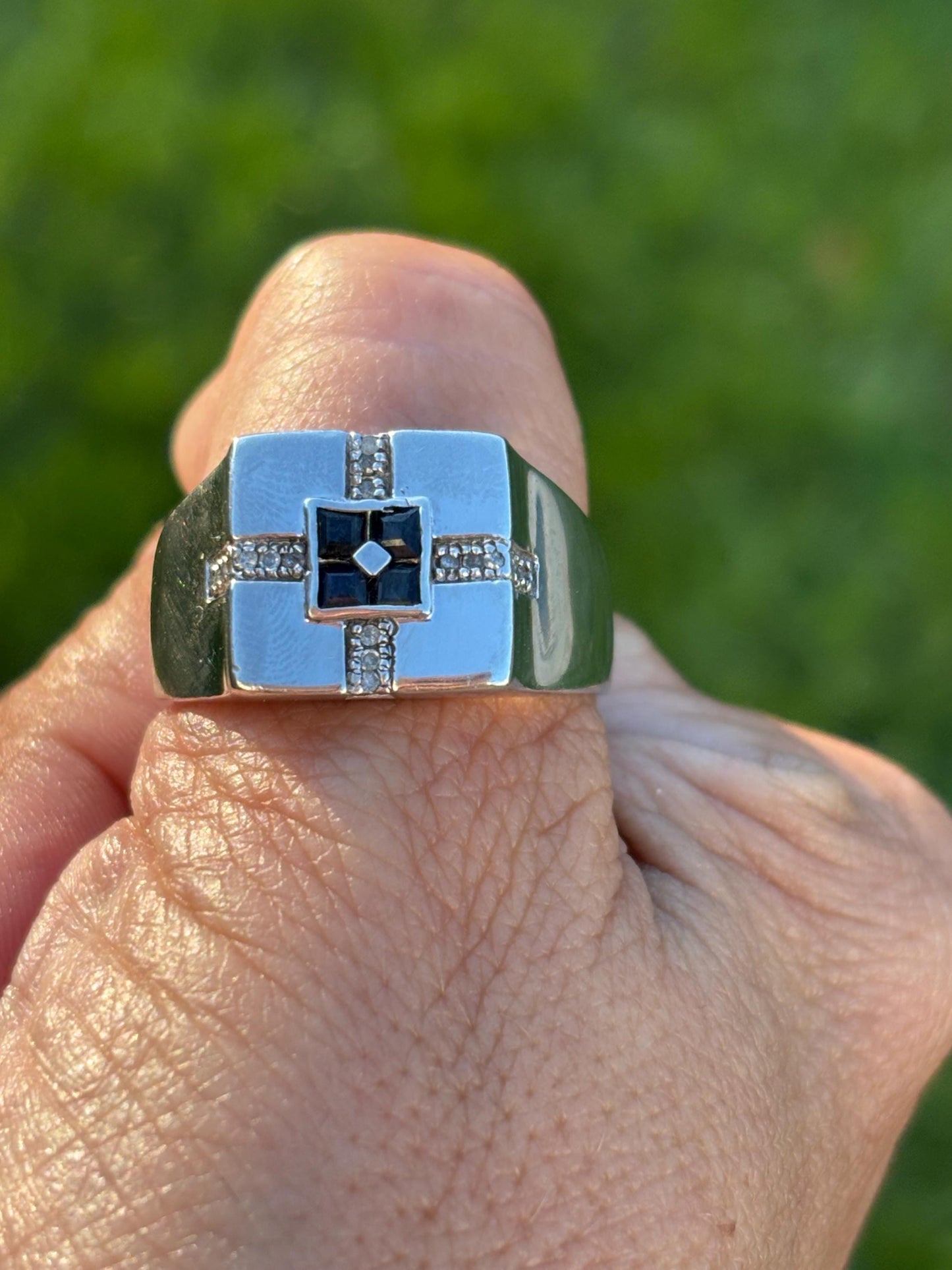 Sapphire and Diamond Ring: Sterling Silver Geometric Square, Size 13.5