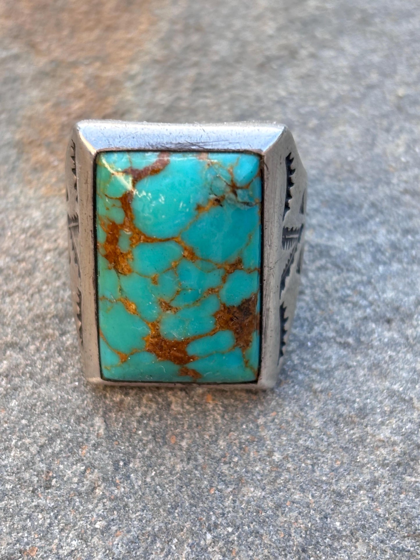 Vintage Turquoise & Sterling Silver Ring. Size 10. Hand Stamped Design
