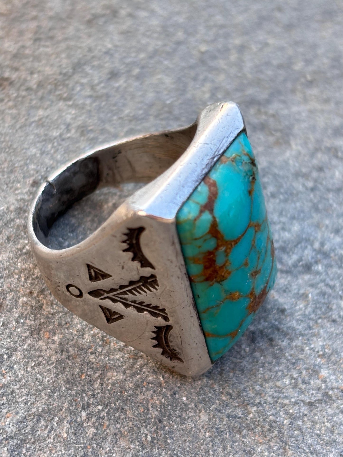 Vintage Turquoise & Sterling Silver Ring. Size 10. Hand Stamped Design