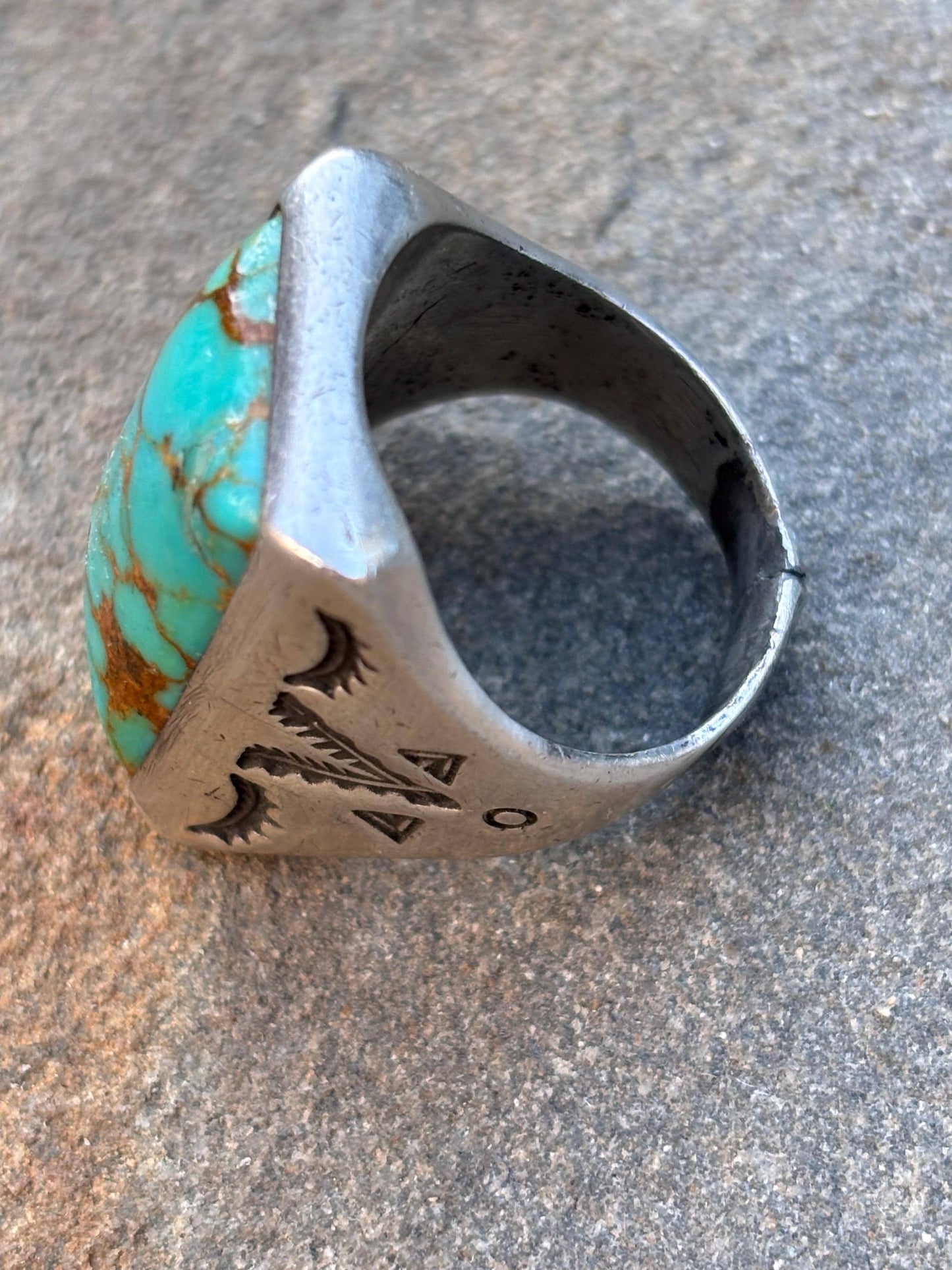 Vintage Turquoise & Sterling Silver Ring. Size 10. Hand Stamped Design