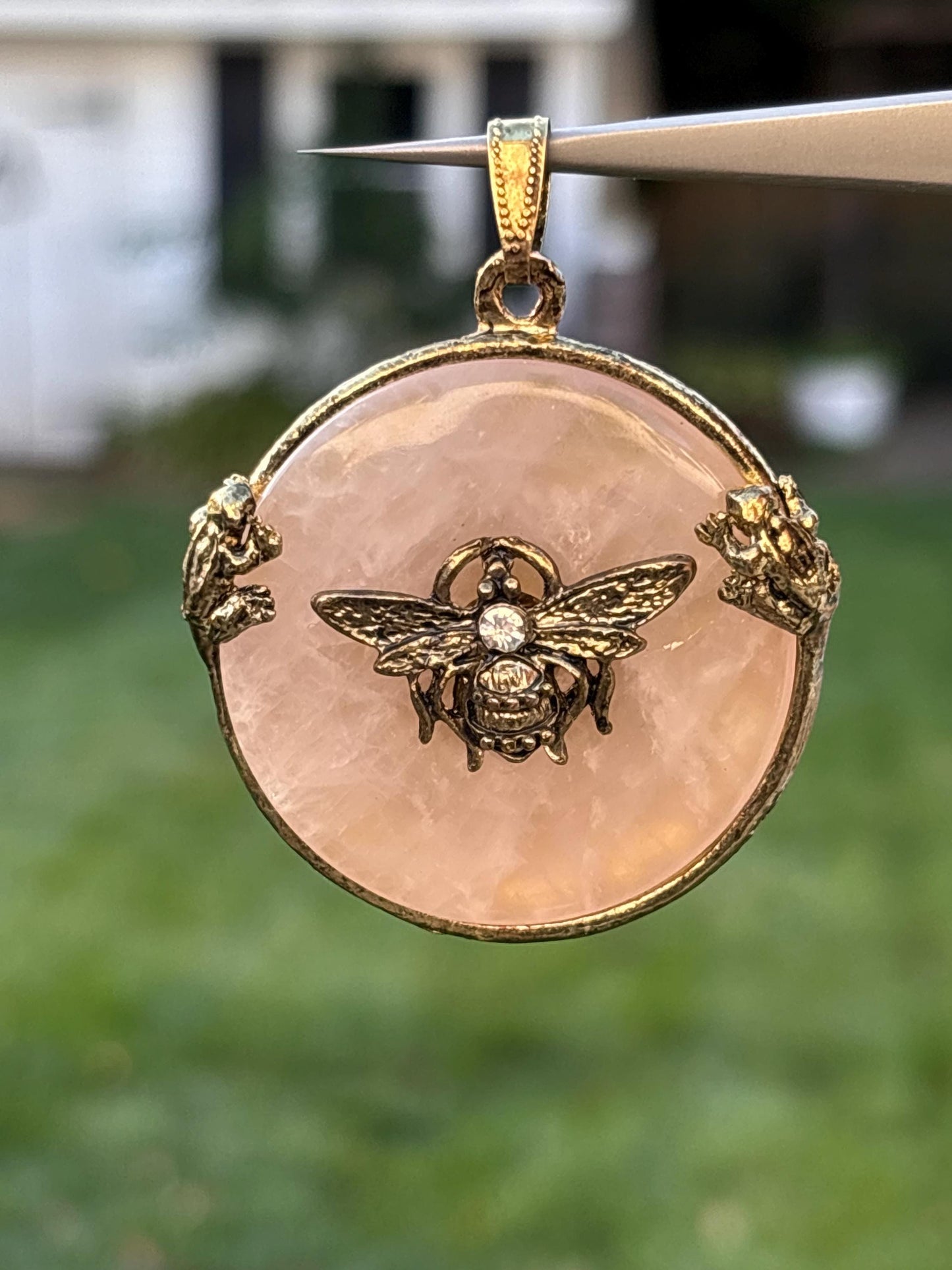 Rose Quartz Bee & Frog Pendant