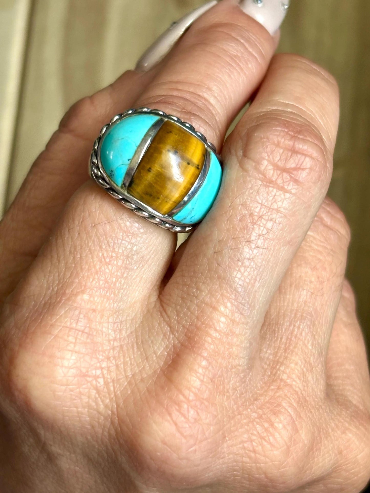 Vintage Tiger’s Eye Turquoise Sterling Silver Ring. Boho Statement Ring. Size 6.