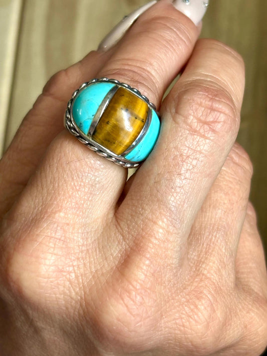 Vintage Tiger’s Eye Turquoise Sterling Silver Ring. Boho Statement Ring. Size 6.