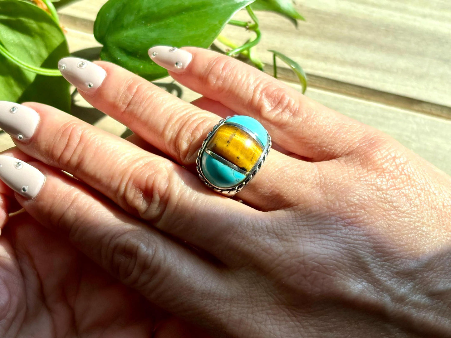 Vintage Tiger’s Eye Turquoise Sterling Silver Ring. Boho Statement Ring. Size 6.