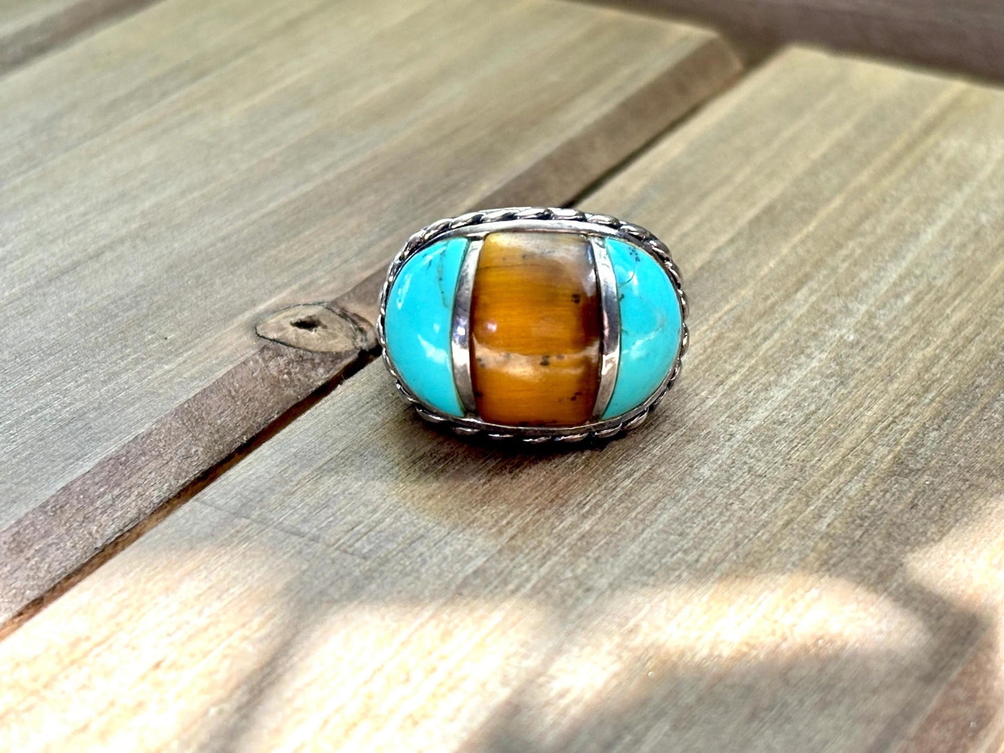 Vintage Tiger’s Eye Turquoise Sterling Silver Ring. Boho Statement Ring. Size 6.