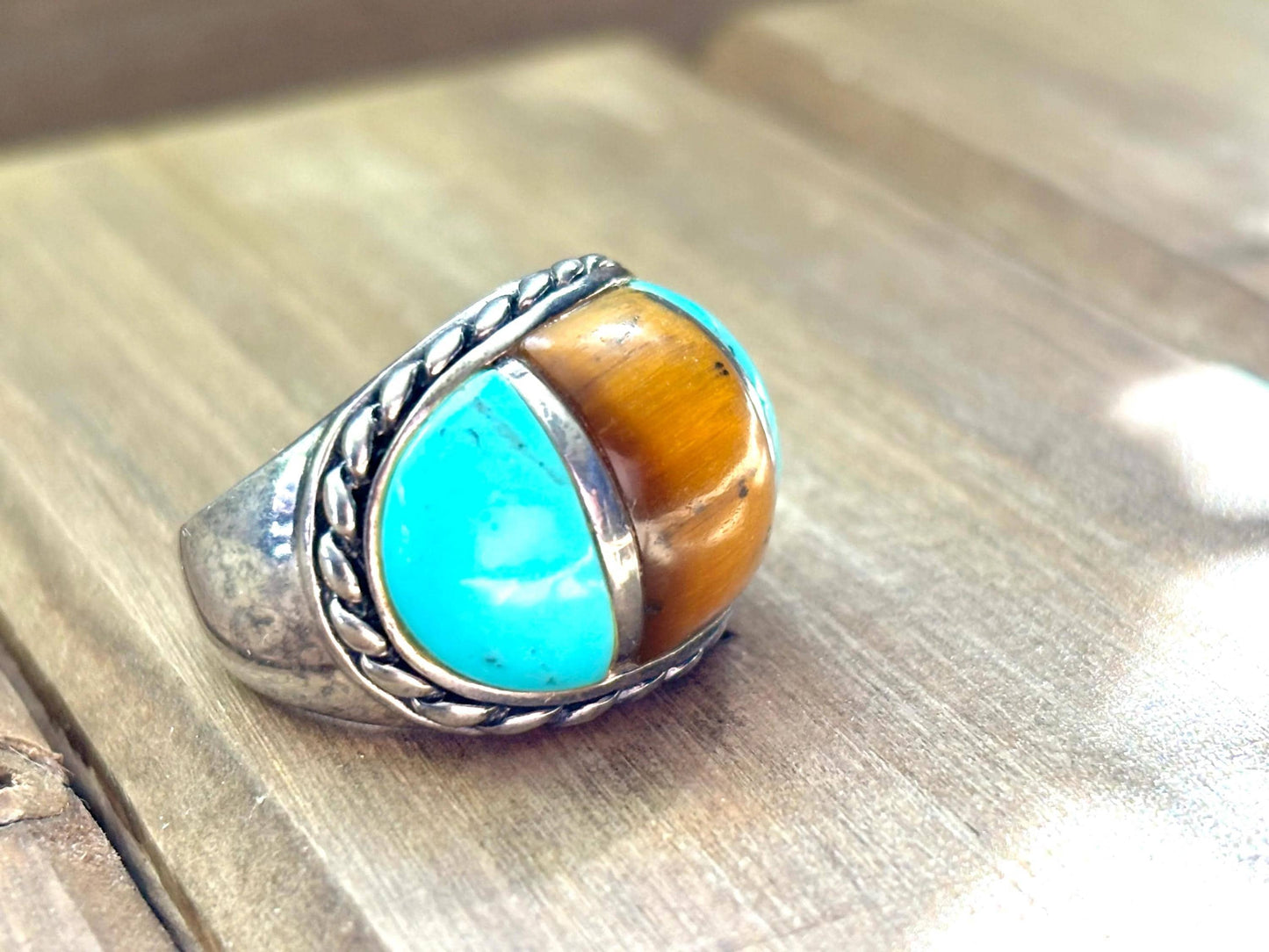 Vintage Tiger’s Eye Turquoise Sterling Silver Ring. Boho Statement Ring. Size 6.