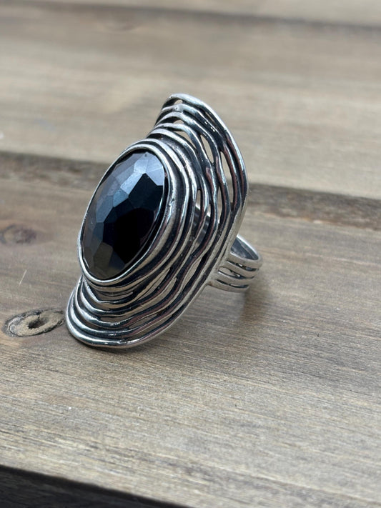 Vintage Sterling Silver Hematite Ring, Sculptural Israeli Statement Ring (Size 8 3/4)