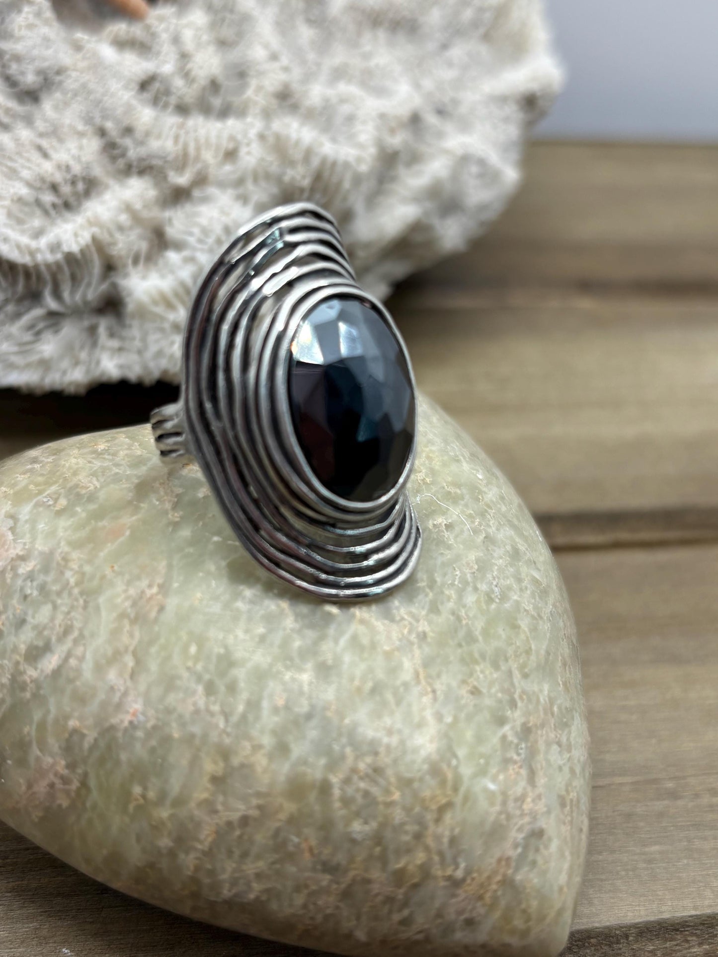 Vintage Sterling Silver Hematite Ring, Sculptural Israeli Statement Ring (Size 8 3/4)