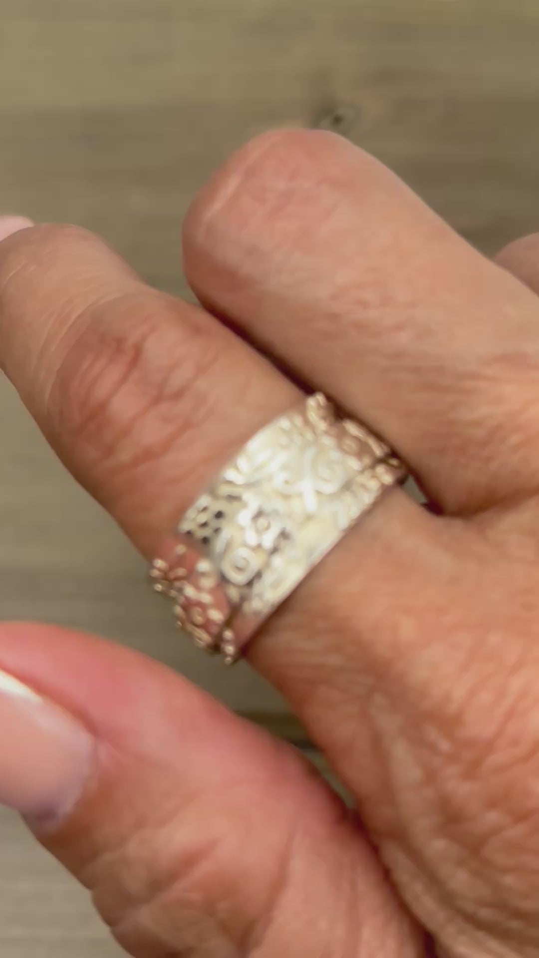 ring shown on the pointer finger being spun around with the thumb to show movement