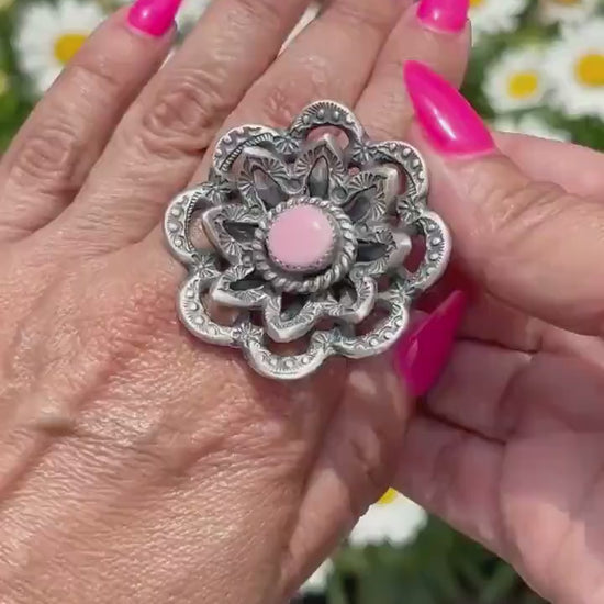 Navajo Sterling Silver Pink Conch  Flower Ring, Signed K Billah