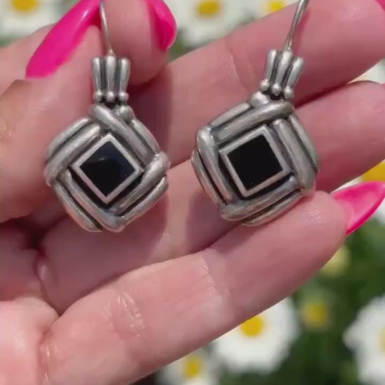 Vintage Sterling Silver & Black Onyx Dangle Earrings – Bold Geometric Design