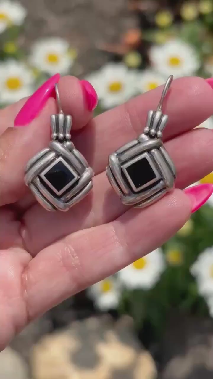 Vintage Sterling Silver & Black Onyx Dangle Earrings – Bold Geometric Design