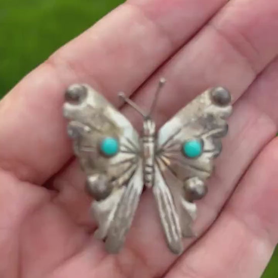 Vintage Mexican Sterling Silver Butterfly Brooch with Turquoise – Stamped FM, 1950s