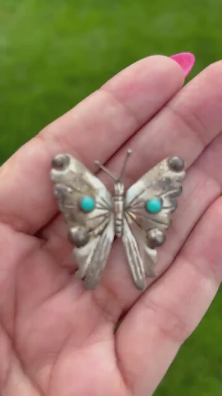 Vintage Mexican Sterling Silver Butterfly Brooch with Turquoise – Stamped FM, 1950s