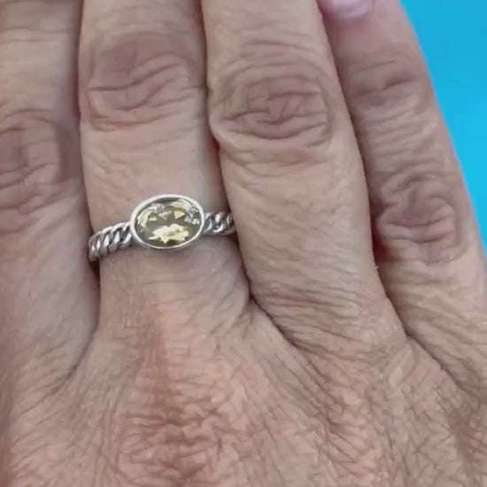 Sterling Silver Citrine Ring – Rope Band Design – November Birthstone Jewelry  | Size 7 - 7 1/4
