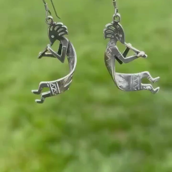 Sterling Silver Vintage Southwestern Native American Style Dangle Kokopelli Earrings